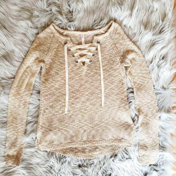 Xhilaration Lace-up Beige Knit Top - Picture 1 of 5